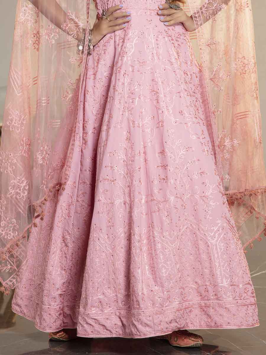 Salmon Pink Georgette Embroidered Festival Gown