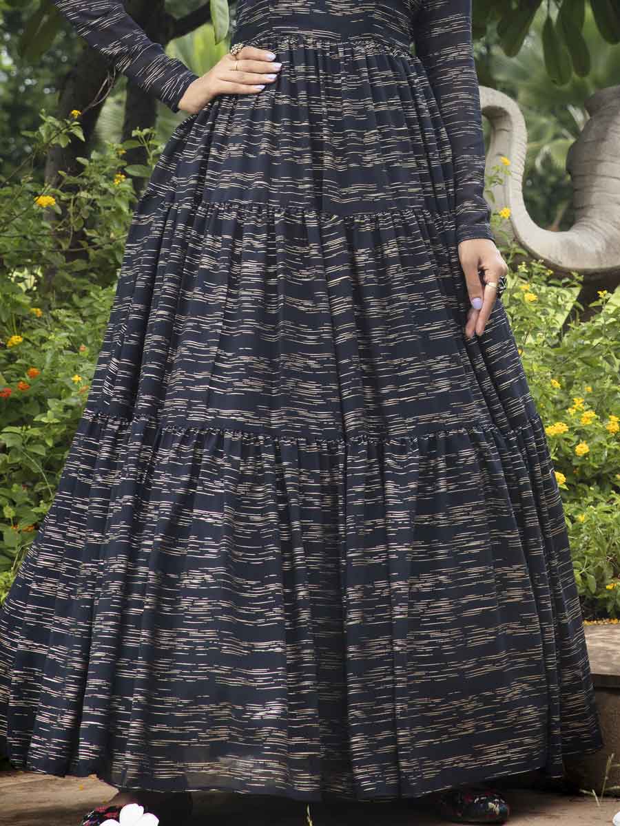 Navy Blue Faux Georgette Printed Party Gown