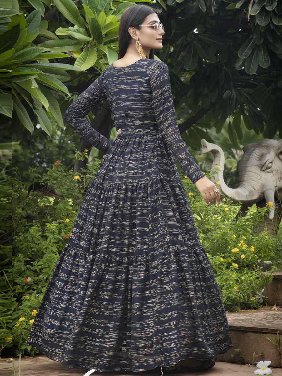 Navy Blue Faux Georgette Printed Party Gown