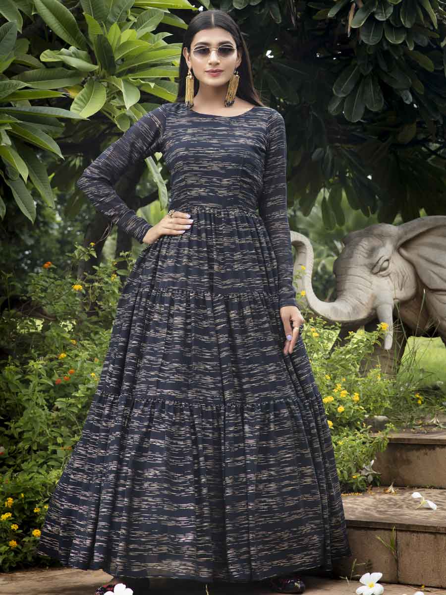 Navy Blue Faux Georgette Printed Party Gown