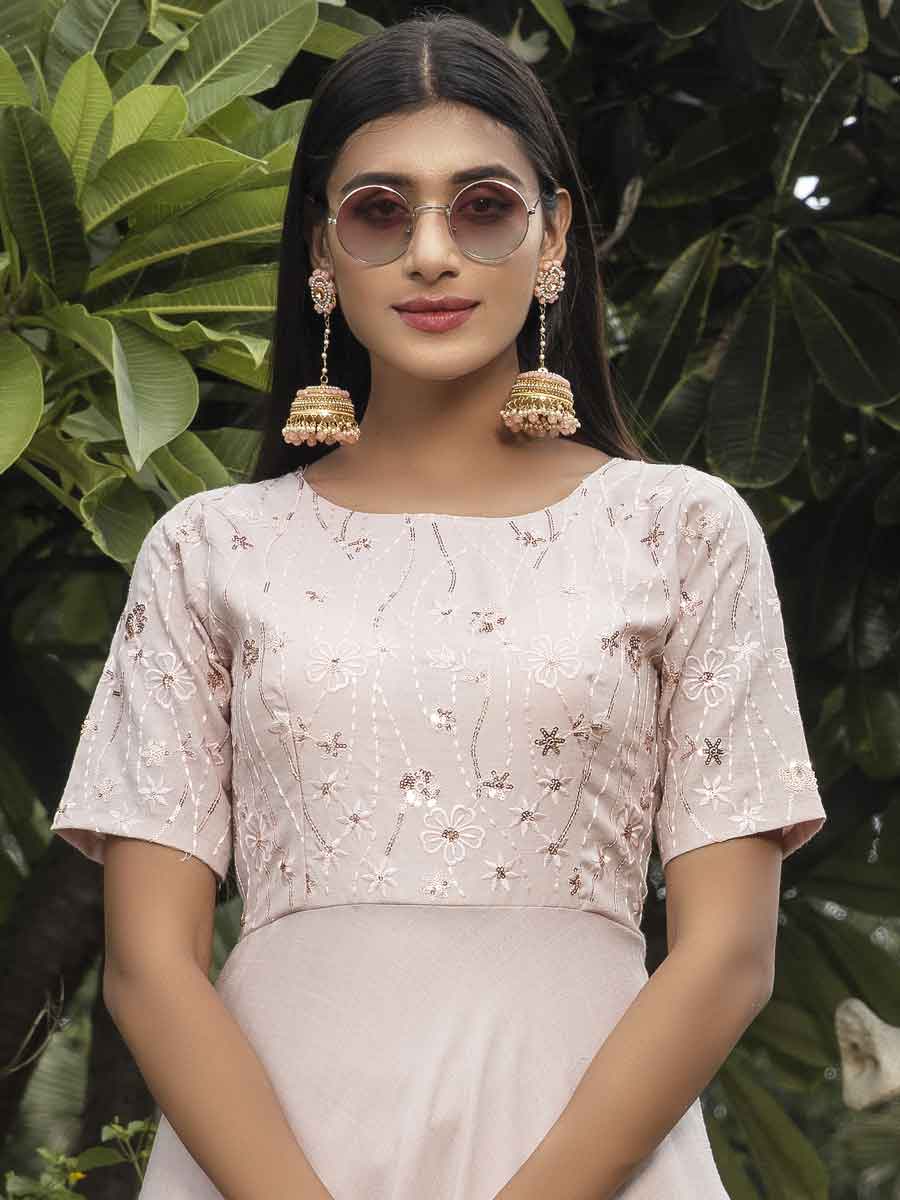 Tea Rose Pink Cotton Embroidered Party Gown