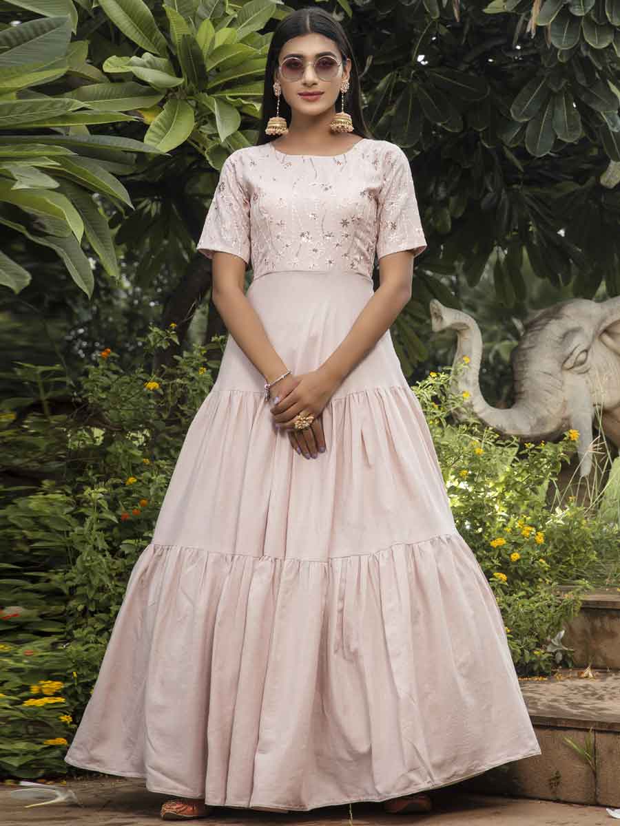 Tea Rose Pink Cotton Embroidered Party Gown