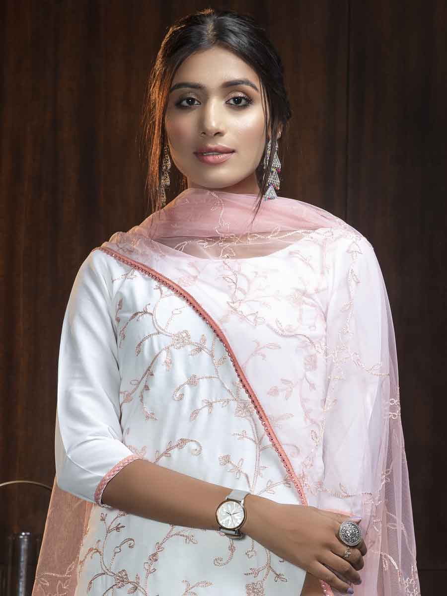 White Georgette Embroidered Party Palazzo Pant Kameez