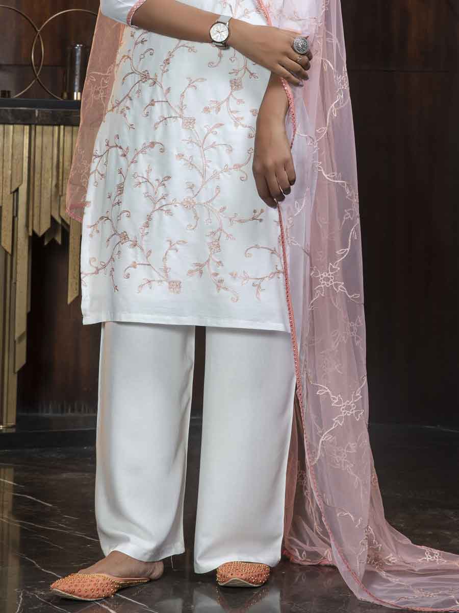 White Georgette Embroidered Party Palazzo Pant Kameez