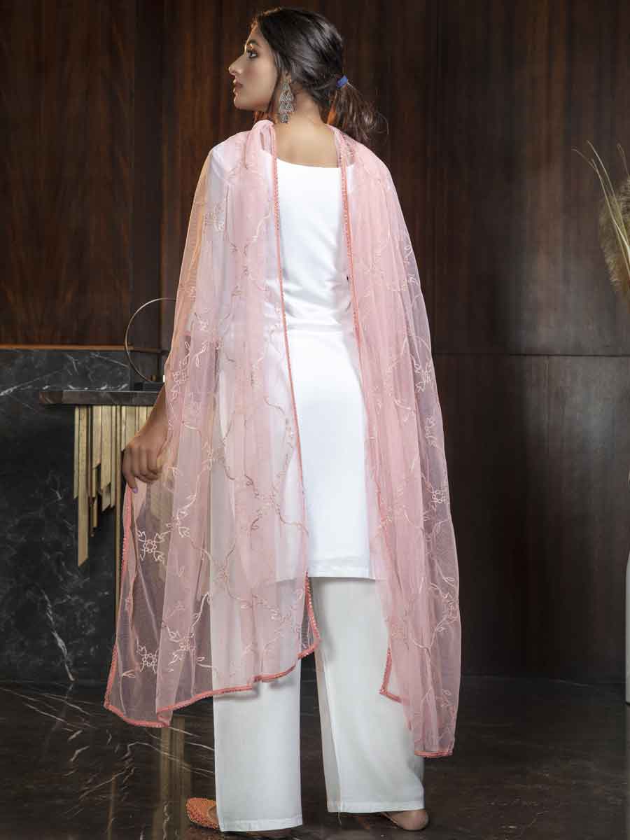 White Georgette Embroidered Party Palazzo Pant Kameez