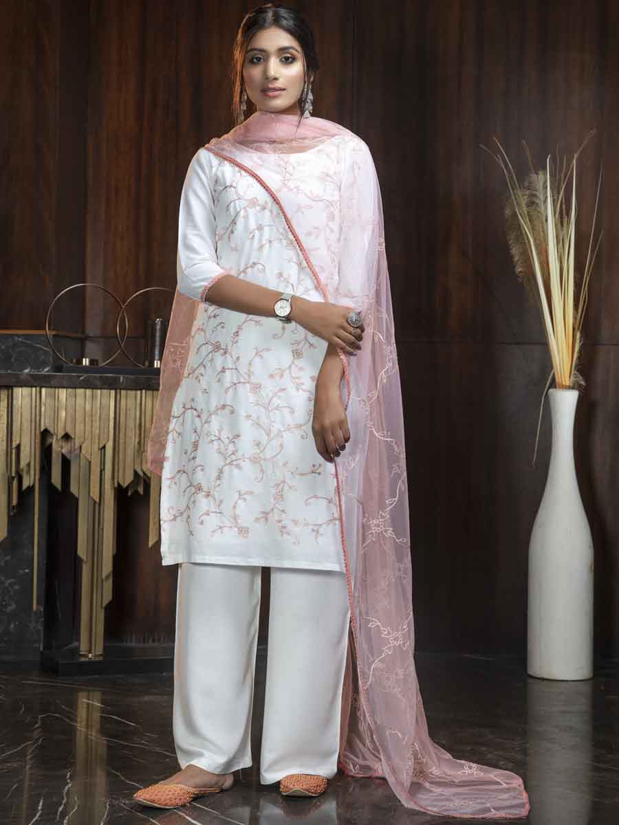 White Georgette Embroidered Party Palazzo Pant Kameez