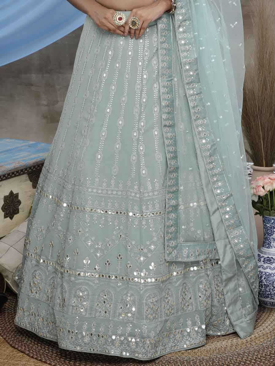 Celadon Green Faux Georgette Embroidered Festival Lehenga Choli