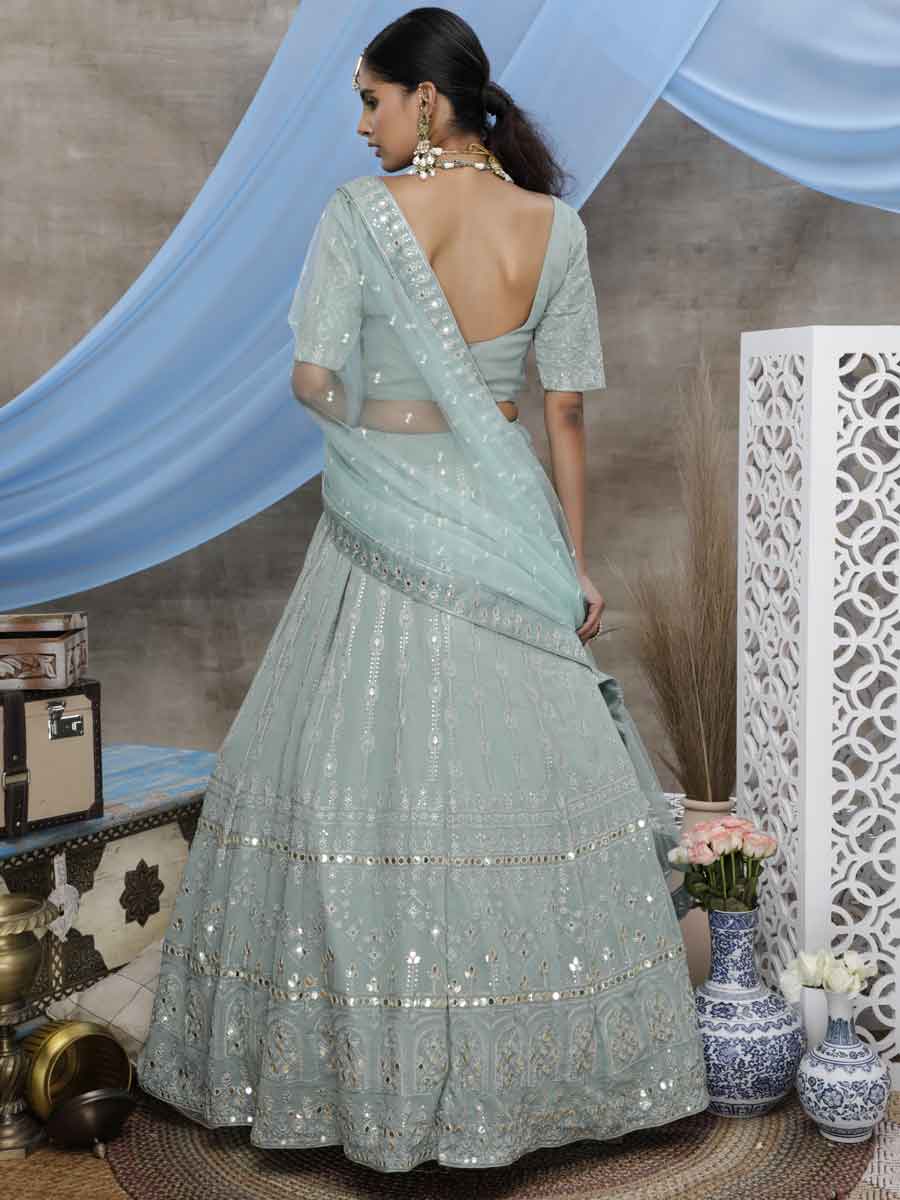 Celadon Green Faux Georgette Embroidered Festival Lehenga Choli