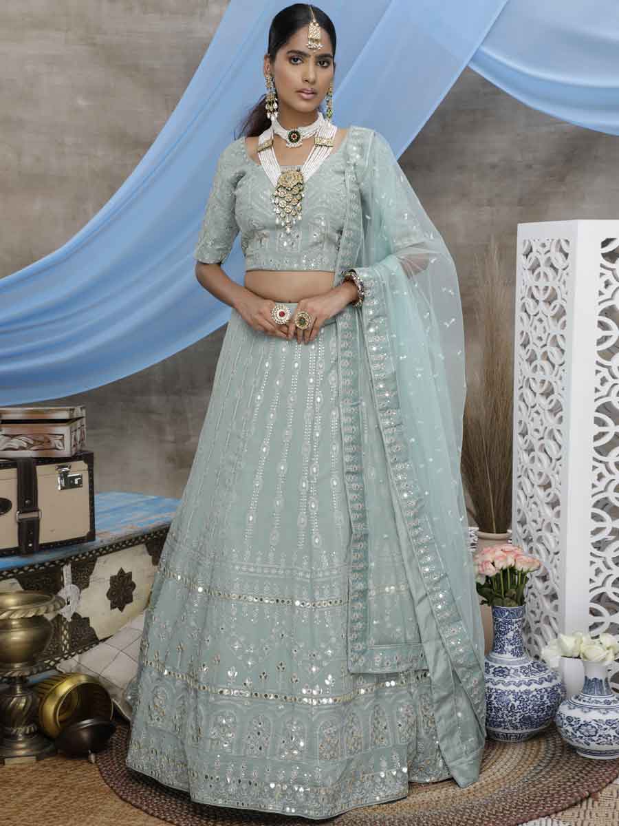 Celadon Green Faux Georgette Embroidered Festival Lehenga Choli