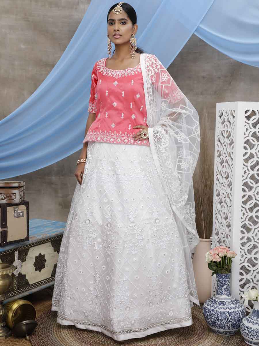 Tea Rose Pink Net Embroidered Festival Lehenga Choli