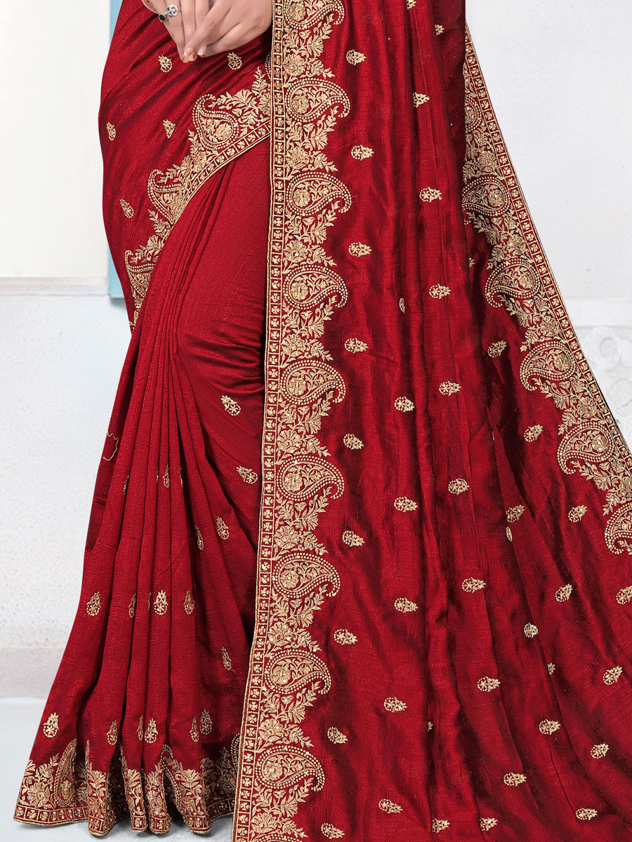 Venetian Red Vichitra Silk Embroidered Festival Saree