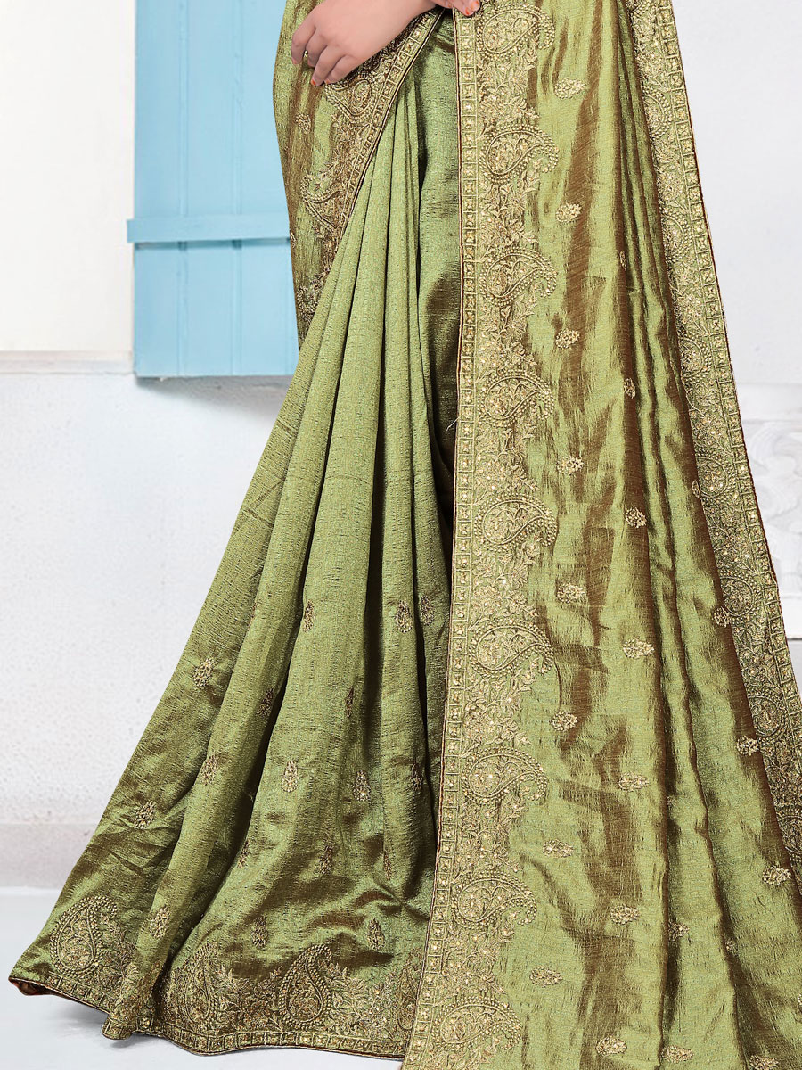 Asparagus Green Vichitra Silk Embroidered Festival Saree