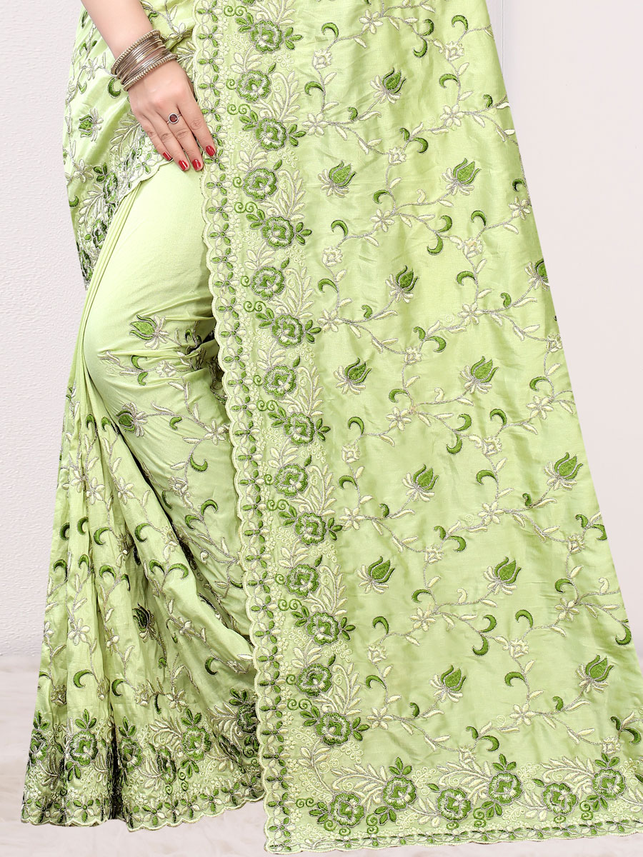 Moss Green Silk Embroidered Festival Saree