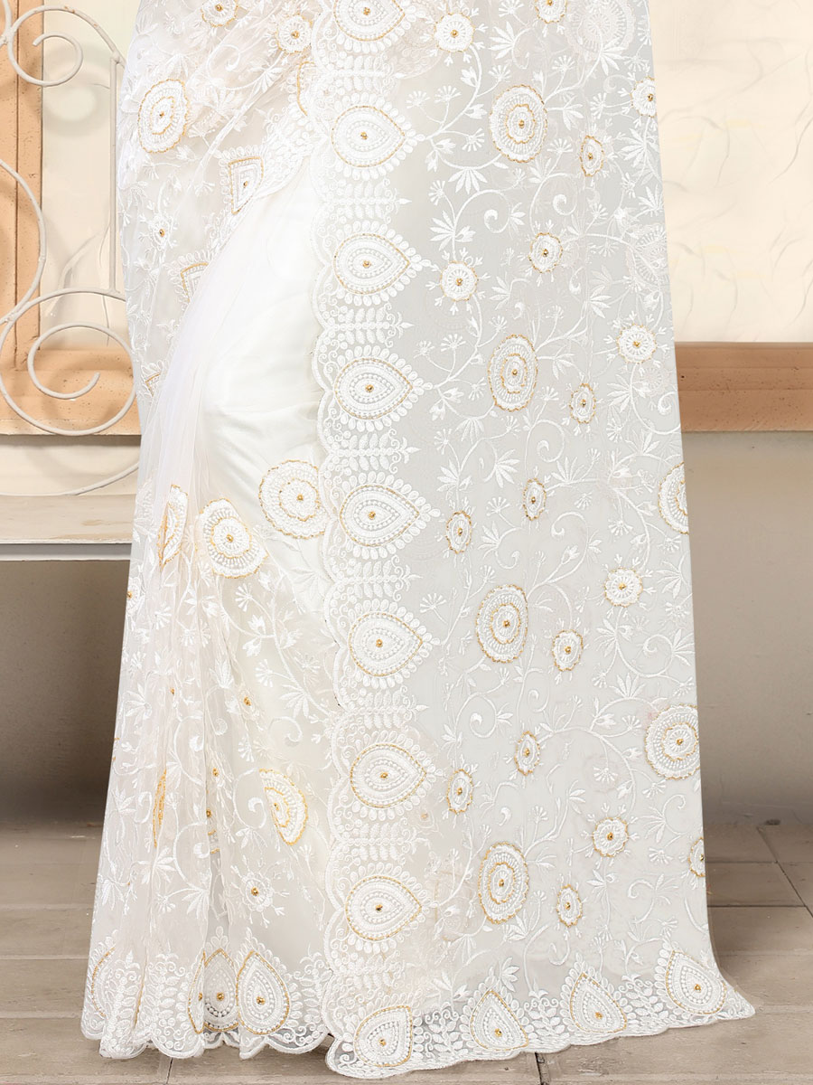 White Net Embroidered Party Saree