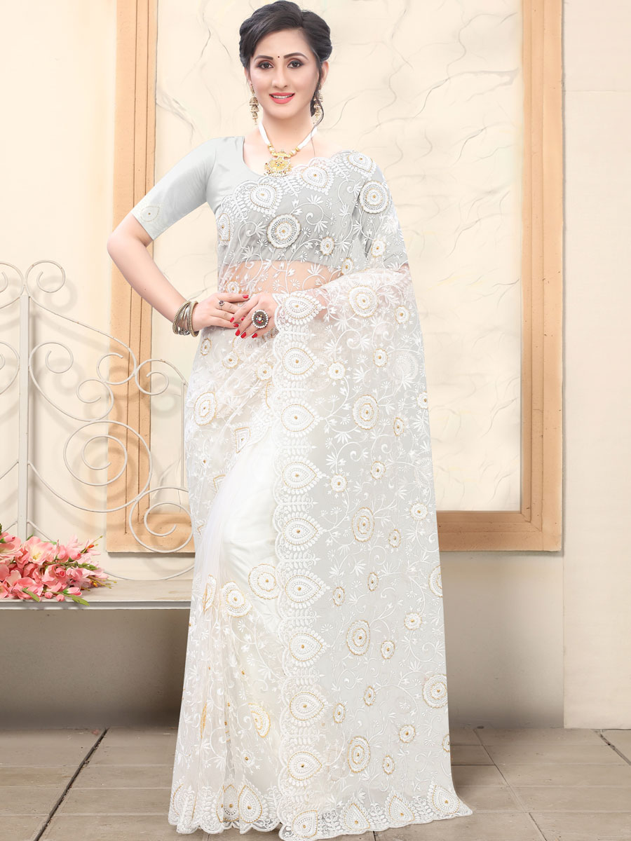 White Net Embroidered Party Saree
