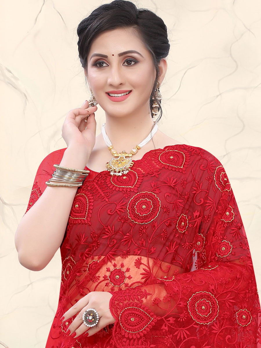 Rose Madder Red Net Embroidered Party Saree