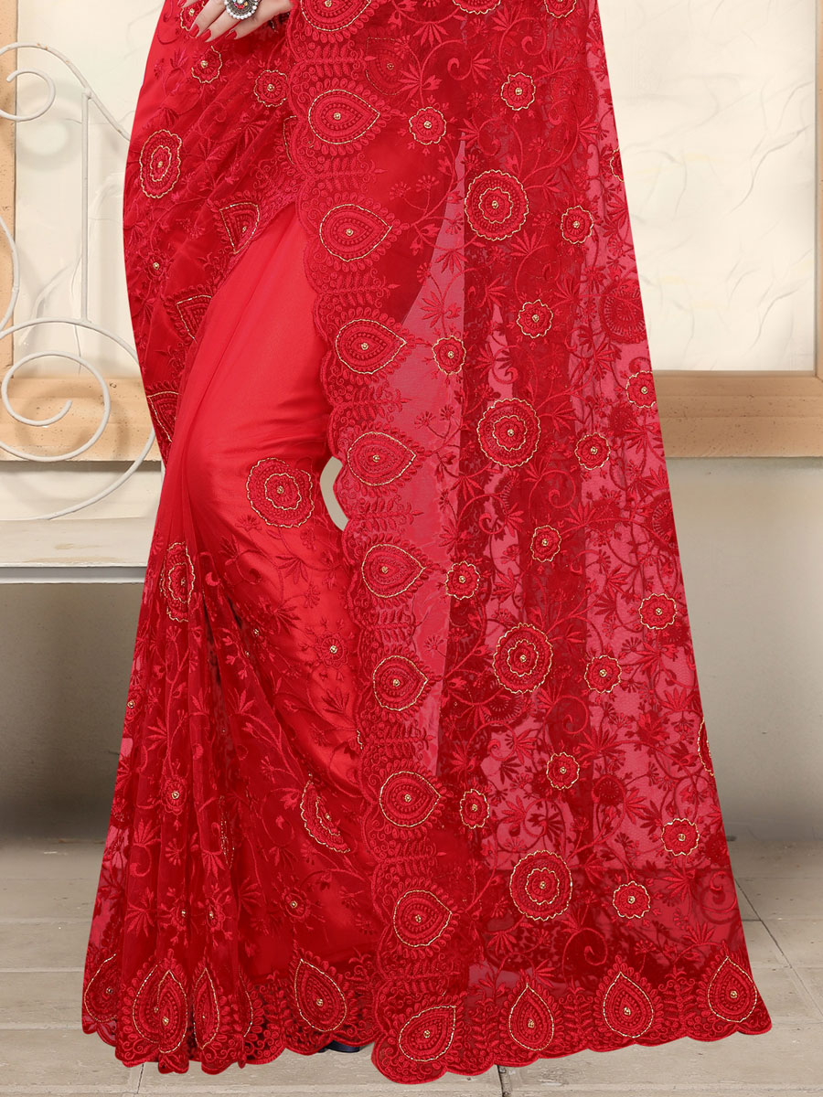 Rose Madder Red Net Embroidered Party Saree