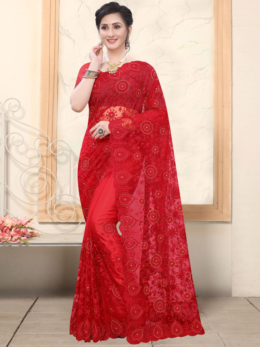Rose Madder Red Net Embroidered Party Saree
