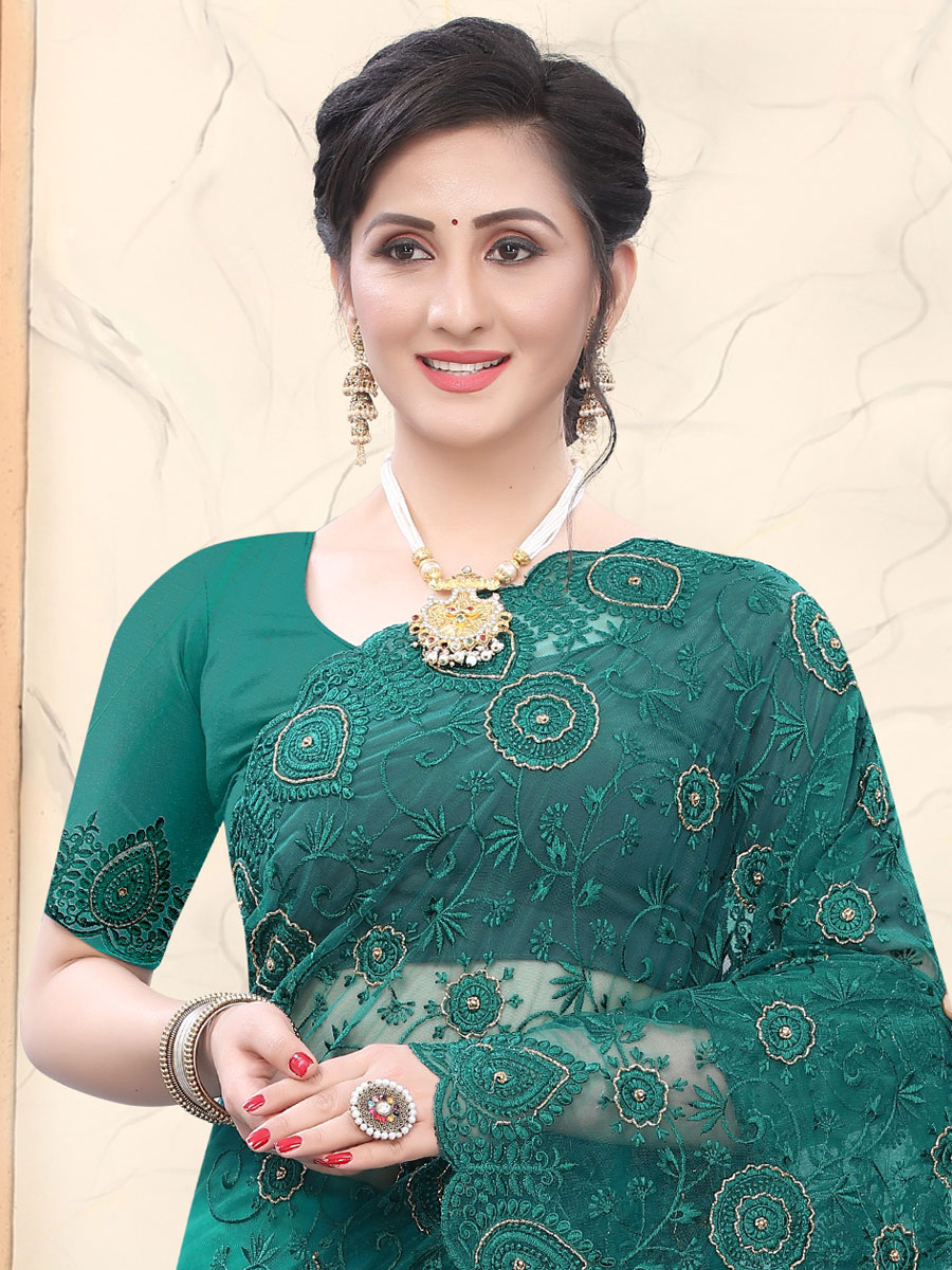 Pine Green Net Embroidered Party Saree