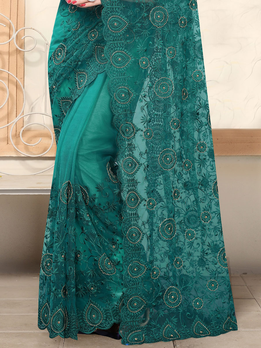 Pine Green Net Embroidered Party Saree