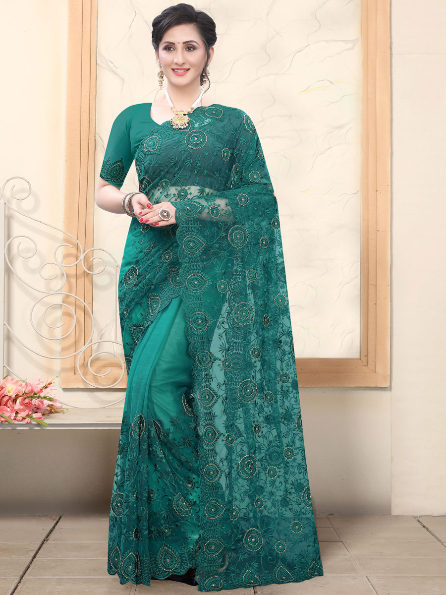 Pine Green Net Embroidered Party Saree