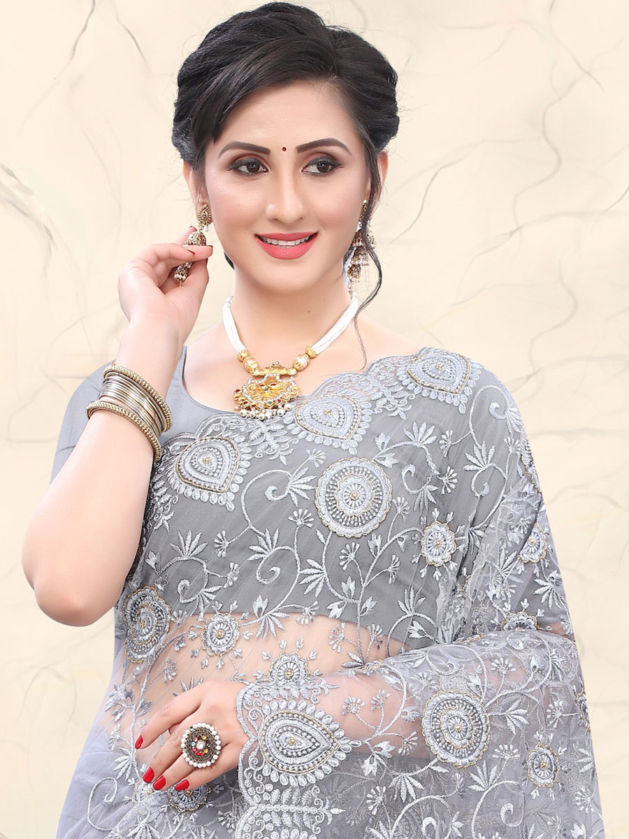 Light Gray Net Embroidered Party Saree