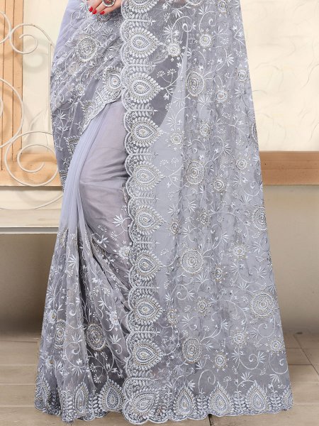 Light Gray Net Embroidered Party Saree