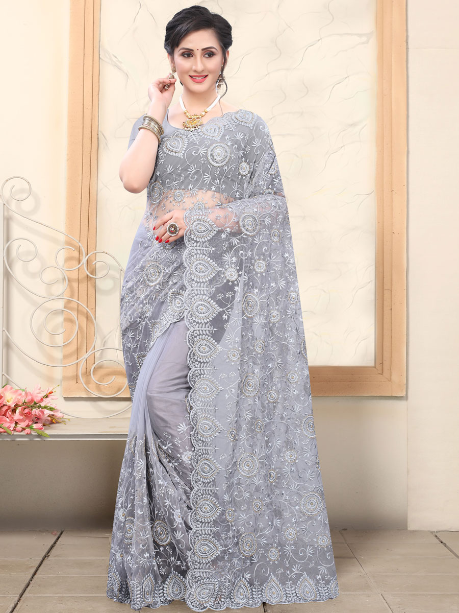 Light Gray Net Embroidered Party Saree