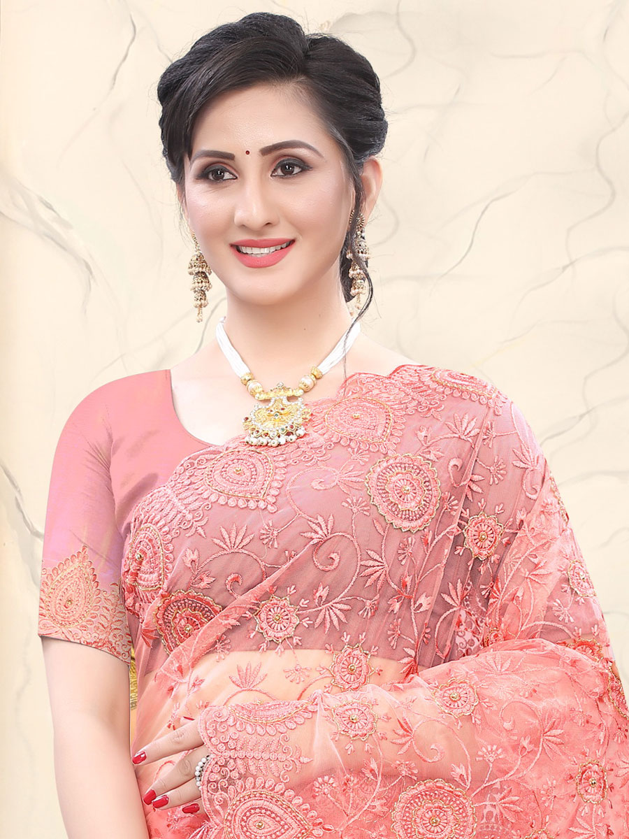 Salmon Pink Net Embroidered Party Saree