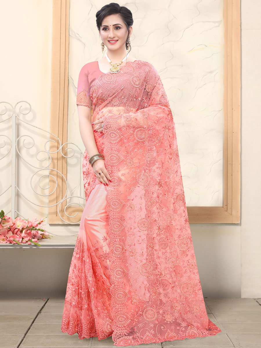 Salmon Pink Net Embroidered Party Saree