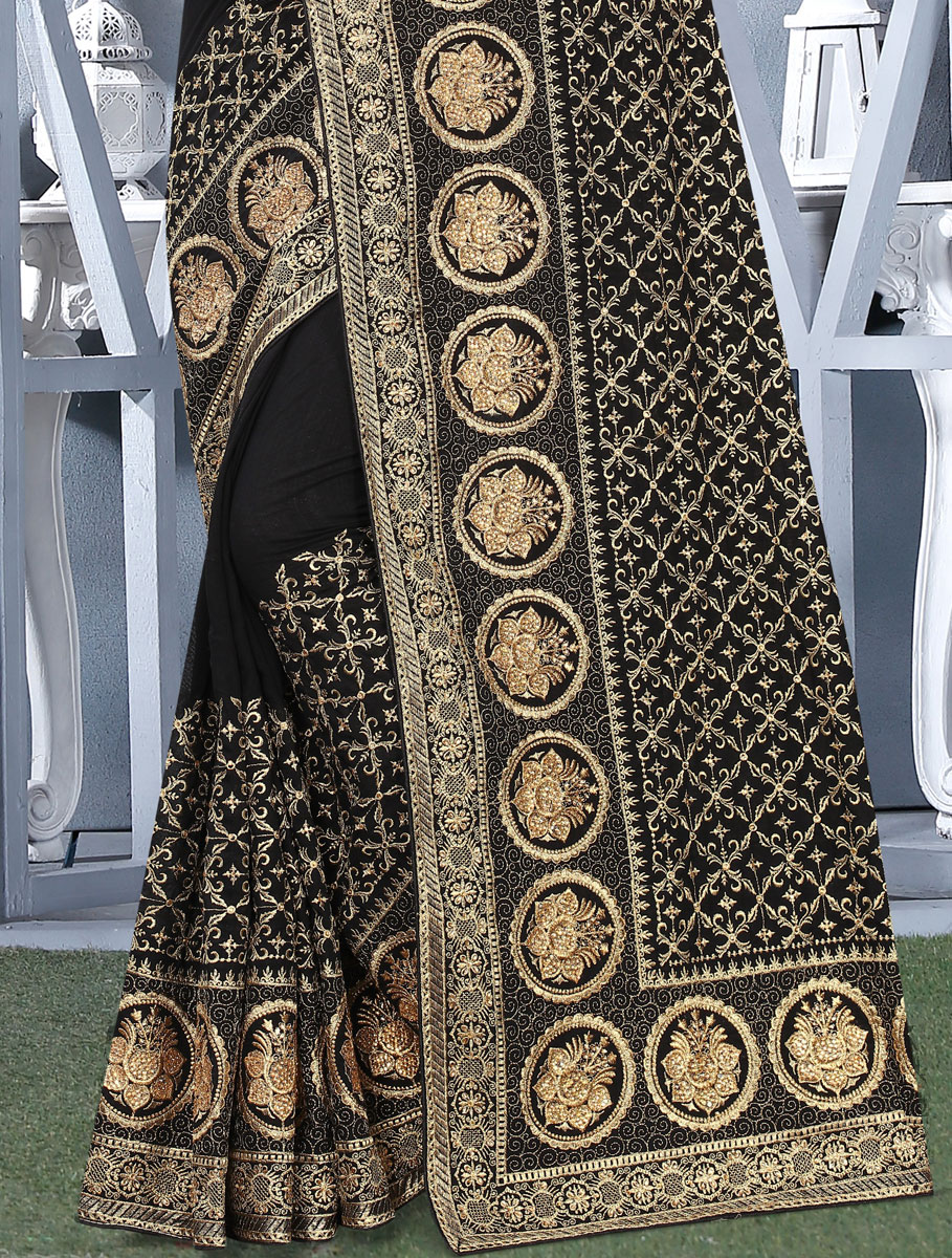 Black Vichitra Silk Embroidered Festival Saree