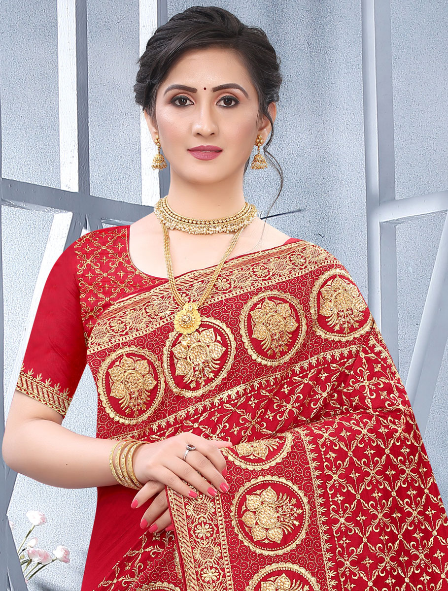 Rose Madder Red Vichitra Silk Embroidered Festival Saree