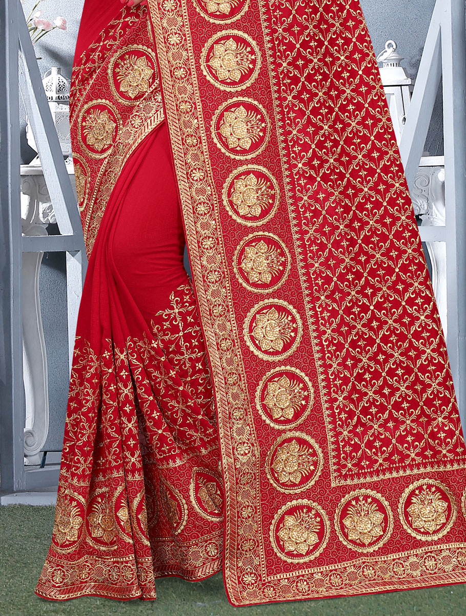 Rose Madder Red Vichitra Silk Embroidered Festival Saree
