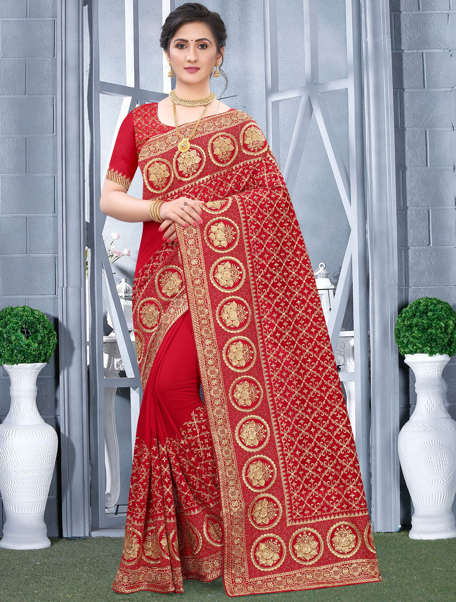 Rose Madder Red Vichitra Silk Embroidered Festival Saree