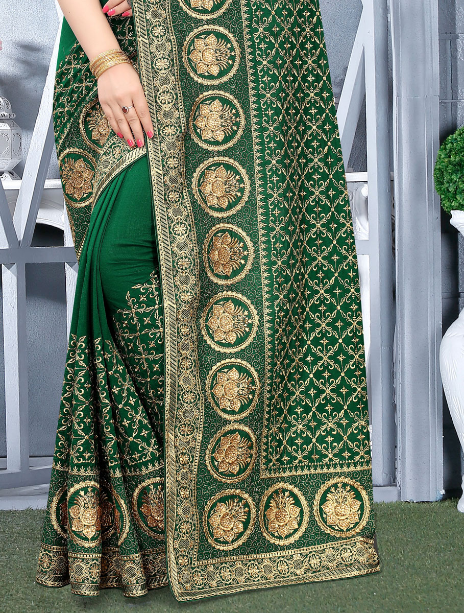 Dark Green Vichitra Silk Embroidered Festival Saree