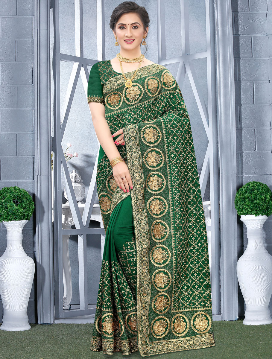 Dark Green Vichitra Silk Embroidered Festival Saree