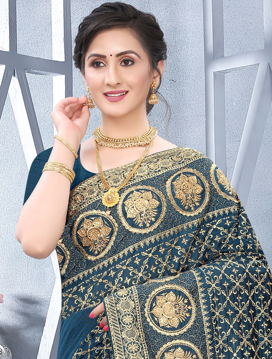 Teal Blue Vichitra Silk Embroidered Festival Saree