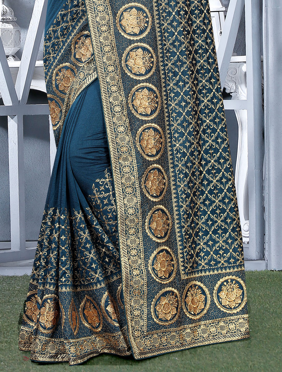 Teal Blue Vichitra Silk Embroidered Festival Saree