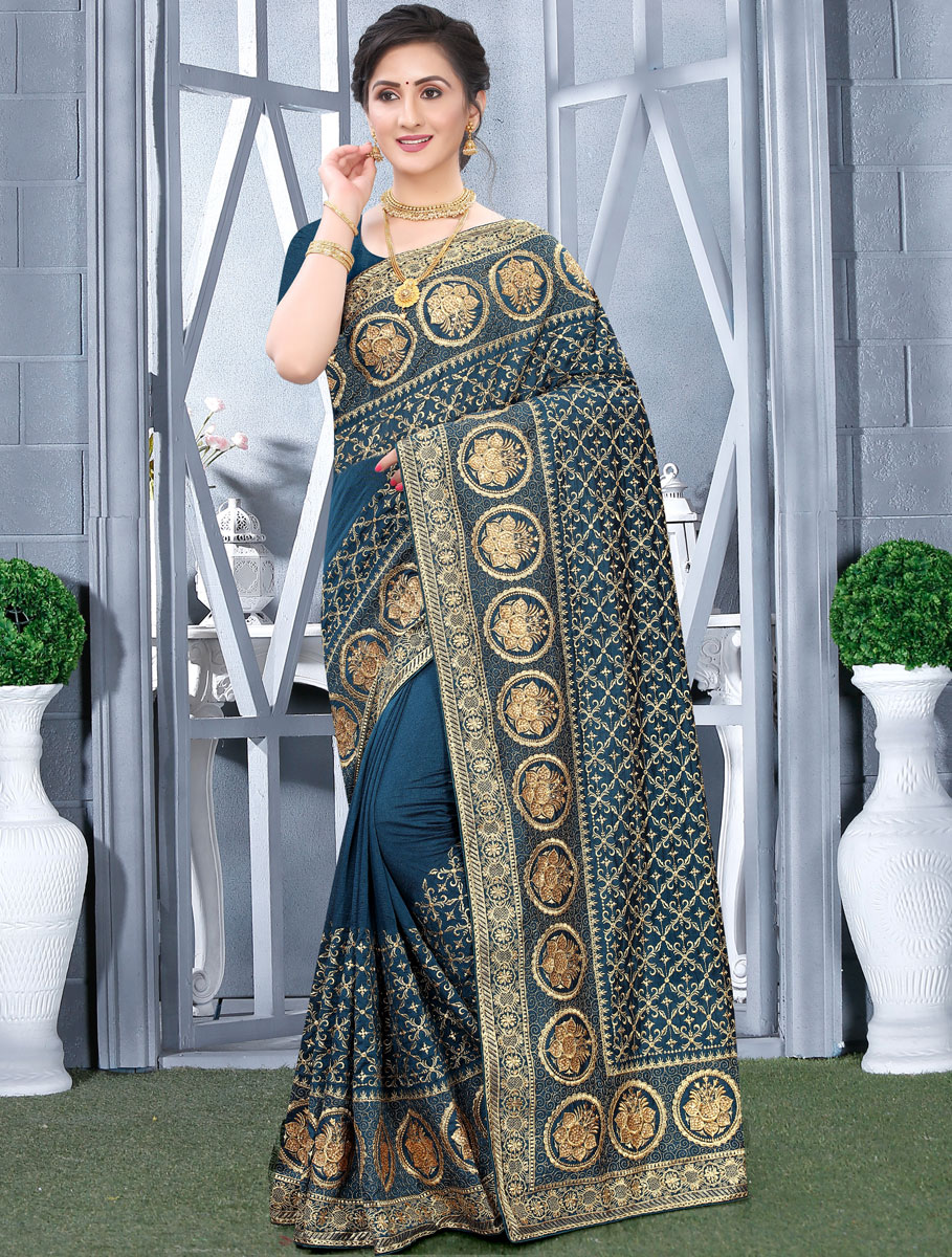 Teal Blue Vichitra Silk Embroidered Festival Saree