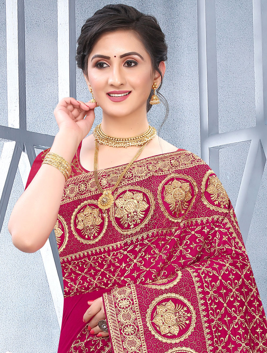 Dark Pink Vichitra Silk Embroidered Festival Saree