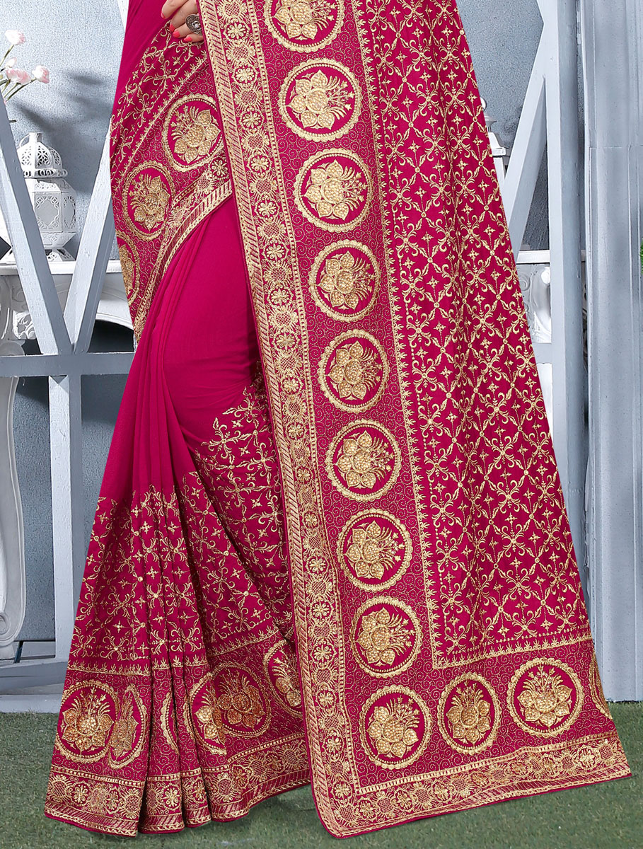 Dark Pink Vichitra Silk Embroidered Festival Saree