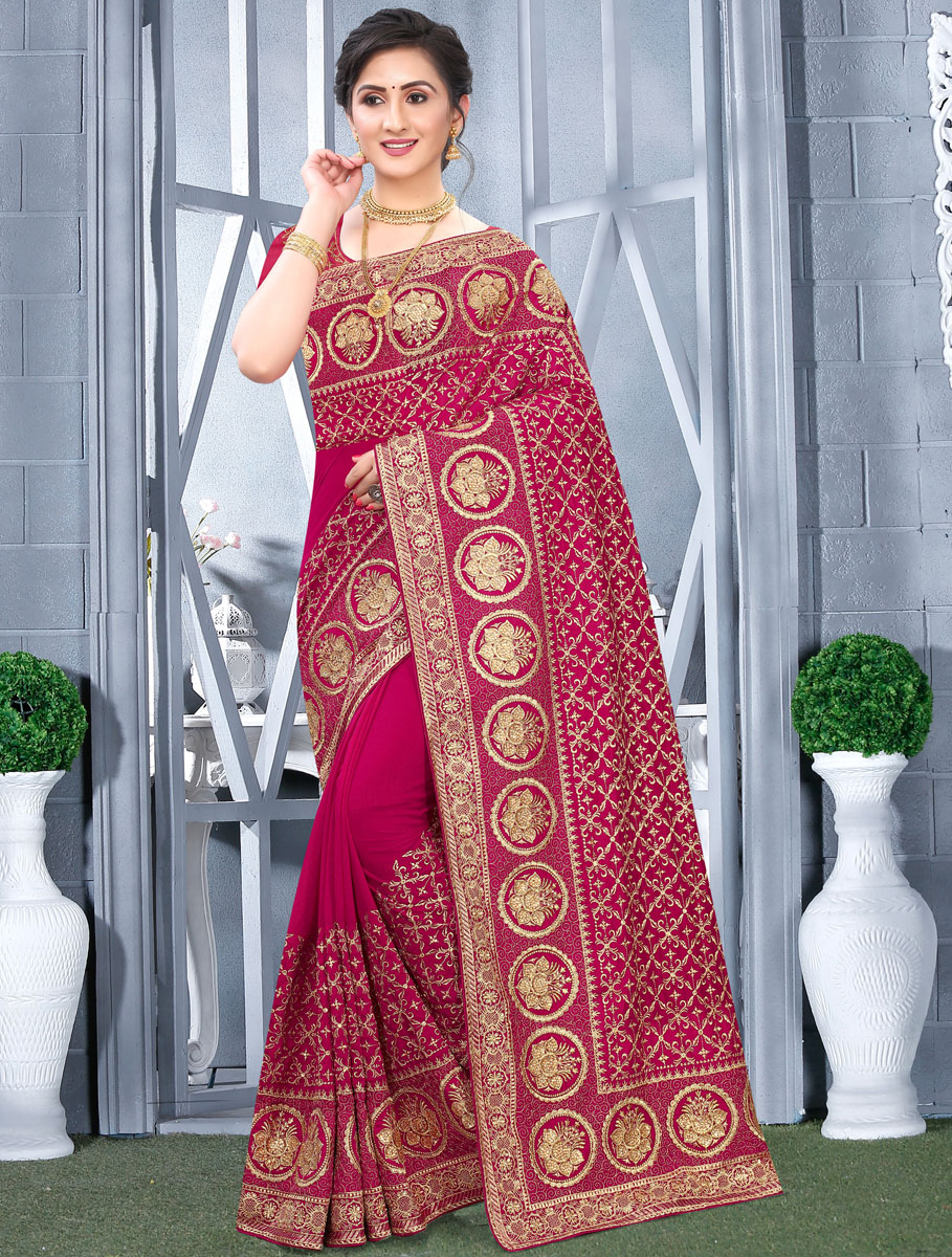 Dark Pink Vichitra Silk Embroidered Festival Saree