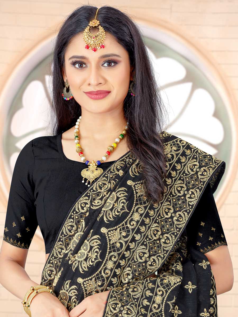Black Vichitra Silk Embroidered Festival Saree