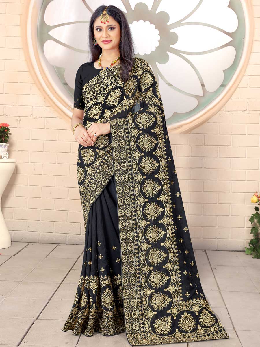 Black Vichitra Silk Embroidered Festival Saree