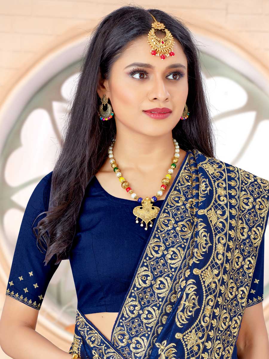 Navy Blue Vichitra Silk Embroidered Festival Saree