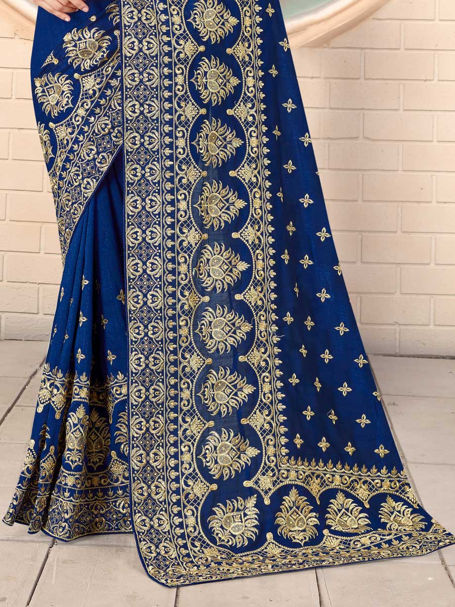 Navy Blue Vichitra Silk Embroidered Festival Saree