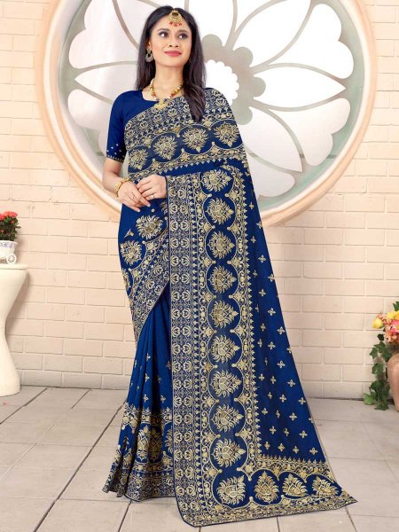 Navy Blue Vichitra Silk Embroidered Festival Saree