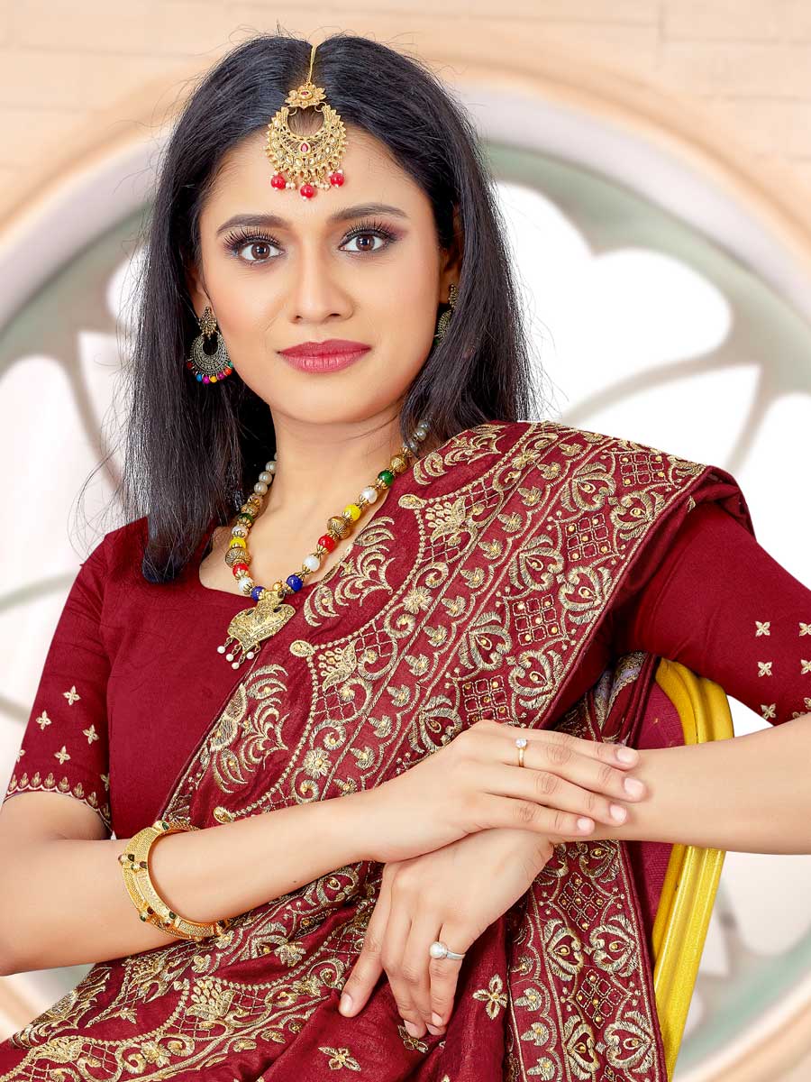Maroon Vichitra Silk Embroidered Festival Saree