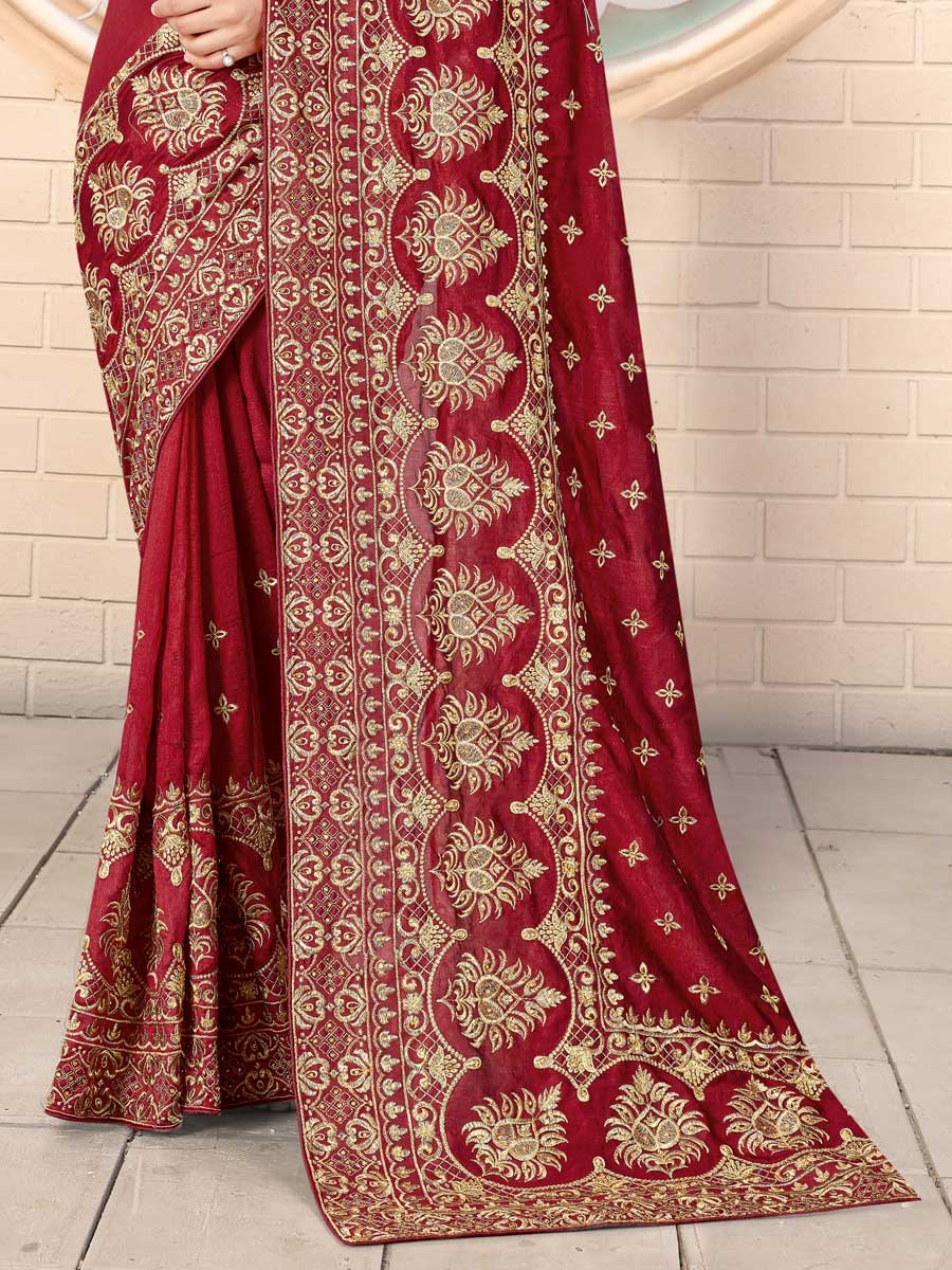 Maroon Vichitra Silk Embroidered Festival Saree