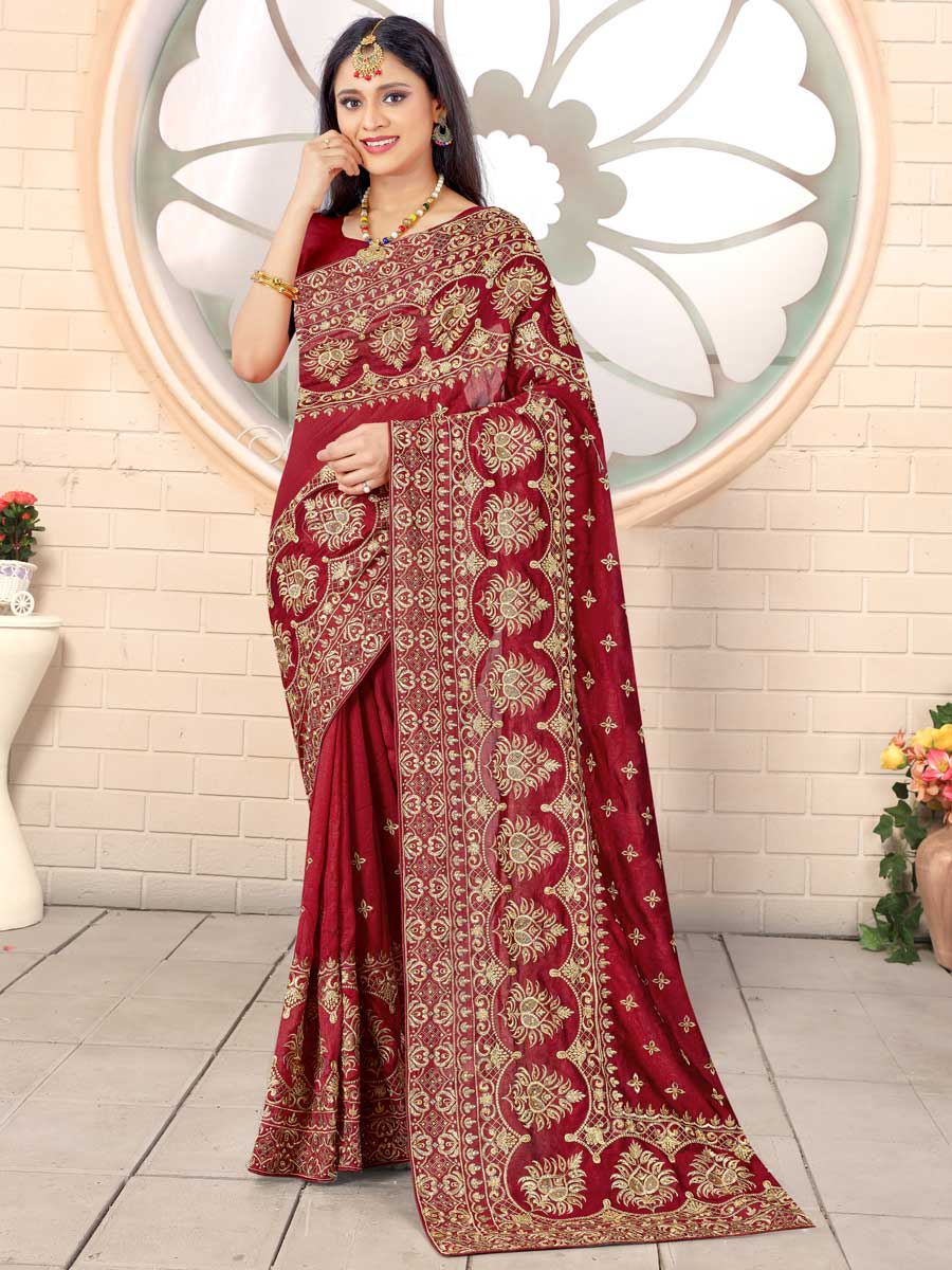 Maroon Vichitra Silk Embroidered Festival Saree